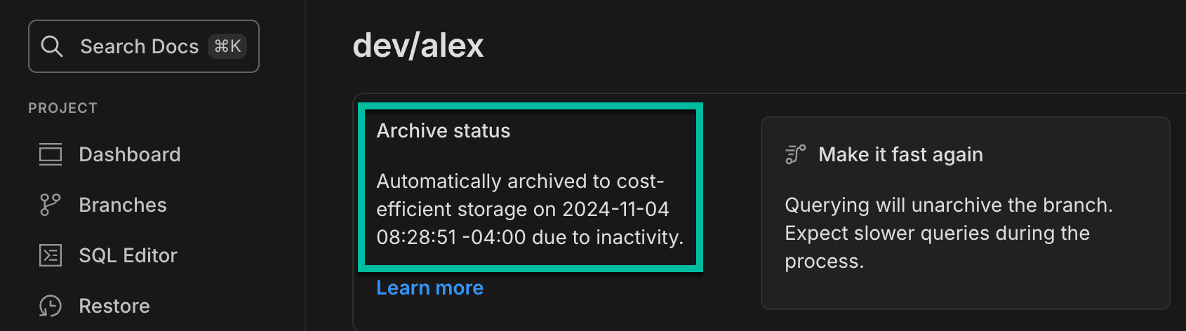 the archive status shown on a branch in the branch detail page