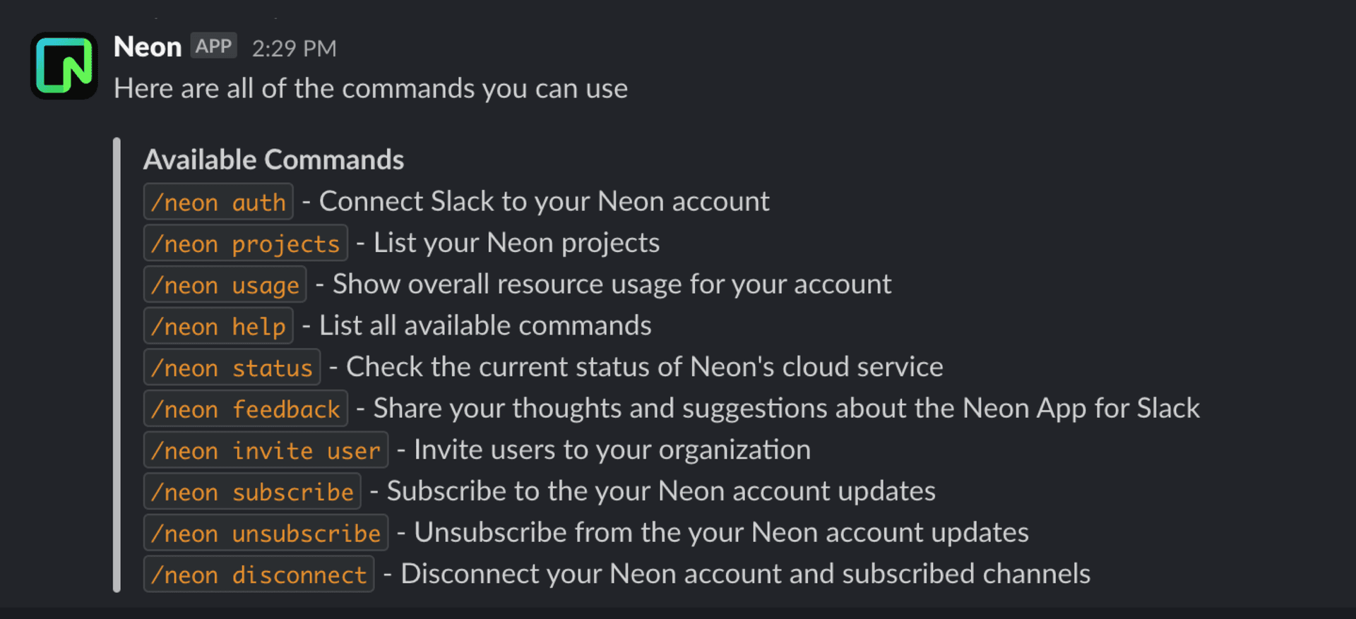 Neon Slack commands including new subscribe feature